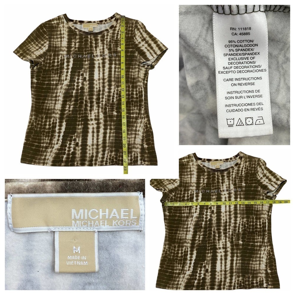 Michael Michael Kors Brown & White Shibori Tie Dye Embellished Short Sleeve Top - Picture 11 of 11